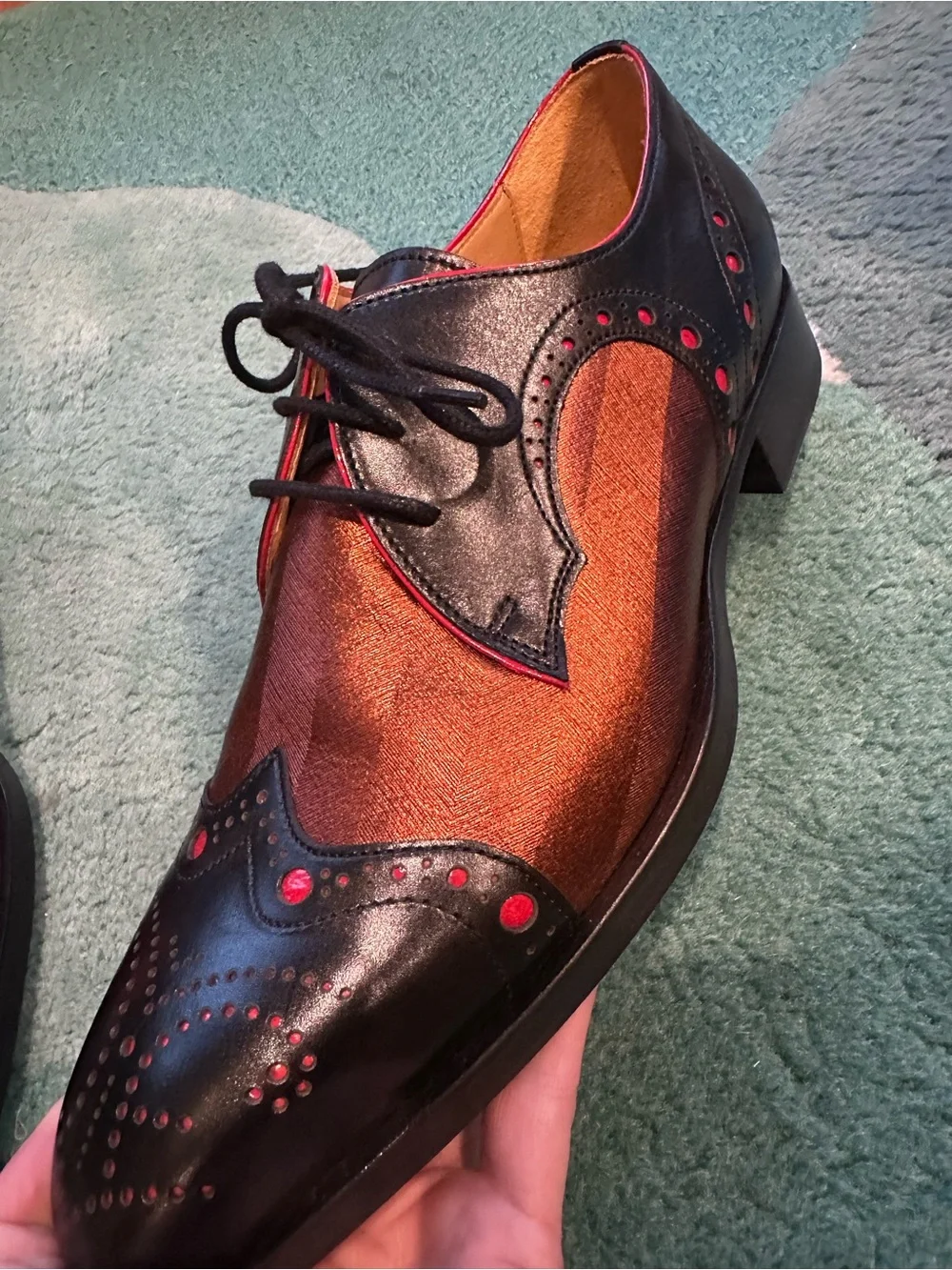 Fluevog NEW/BOX Rufus Magoo Duke black/copper brogue derby-M8/W10 (fits 7.5/9.5)